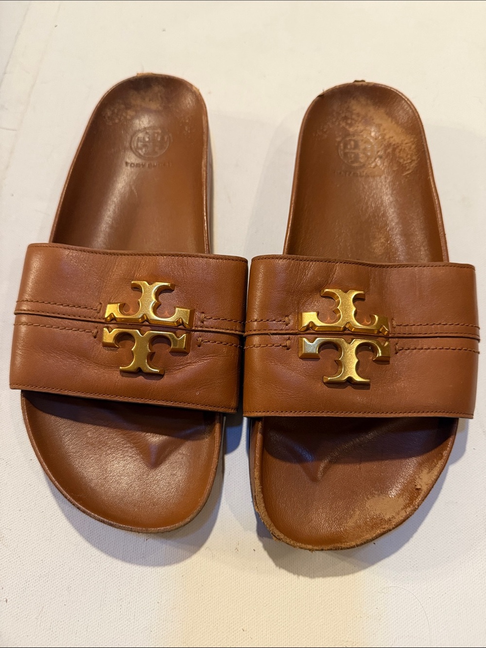 Tory Burch Brown Leather Slide Sandals with Gold Emblem